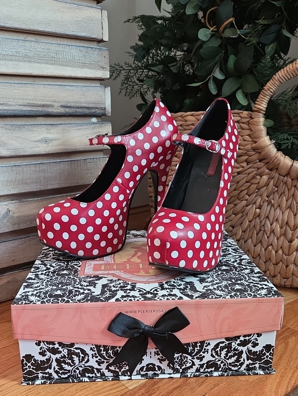 Bordello Pleaser Red and White Polka Dot Mary Jane Platform Heels